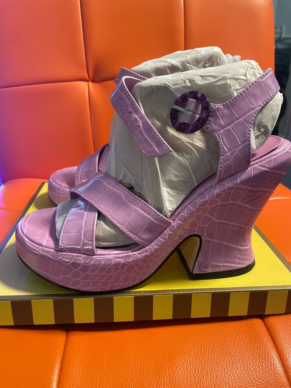 Sam Edelman Lavender Croc-Embossed Platform Sandals